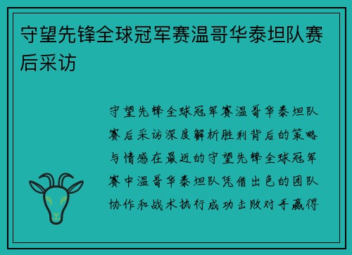 守望先锋全球冠军赛温哥华泰坦队赛后采访